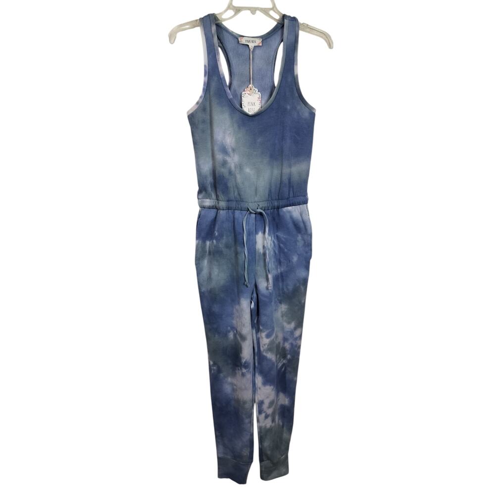 3895) Pink Rose Sleeveless Blue tie Die Pockets Elastic waist Jumpsuit Small